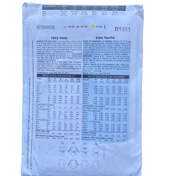 BUTTERICK PATTERN B5355 Top with Sash Sz LG - XXL Sewing Pattern UNCUT - Picture 2 of 5